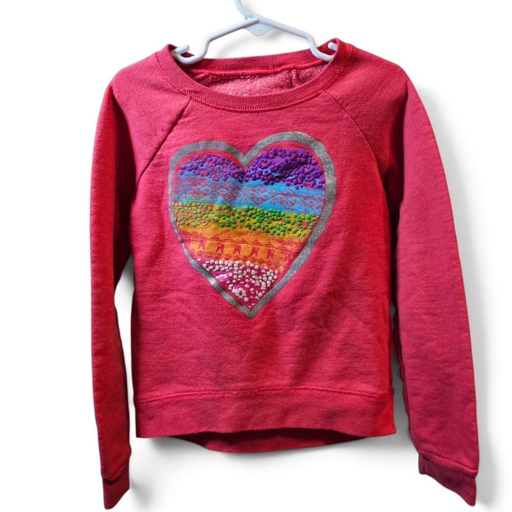 Hanes Sweatshirt Girls Small Pink‎ Good Rainbow Heart Glitter EcoSmart Raglan
